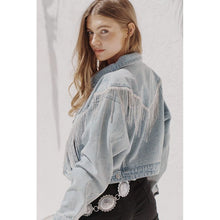 Load image into Gallery viewer, Denim Chevron Rhinestone Fringe Jacket