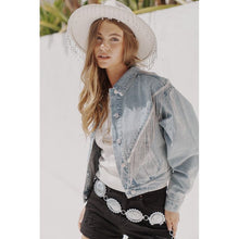 Load image into Gallery viewer, Denim Chevron Rhinestone Fringe Jacket