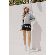 Load image into Gallery viewer, Denim Chevron Rhinestone Fringe Jacket