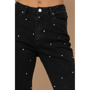 Rhinestone Studded Cropped Black Denim Jeans