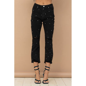 Rhinestone Studded Cropped Black Denim Jeans