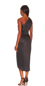 Elliatt Black Satin Cassini One Shoulder Midi Cocktail Dress