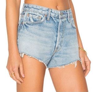 GRLFRND Cindy Distressed High Waist Ligh Wash Denim Shorts