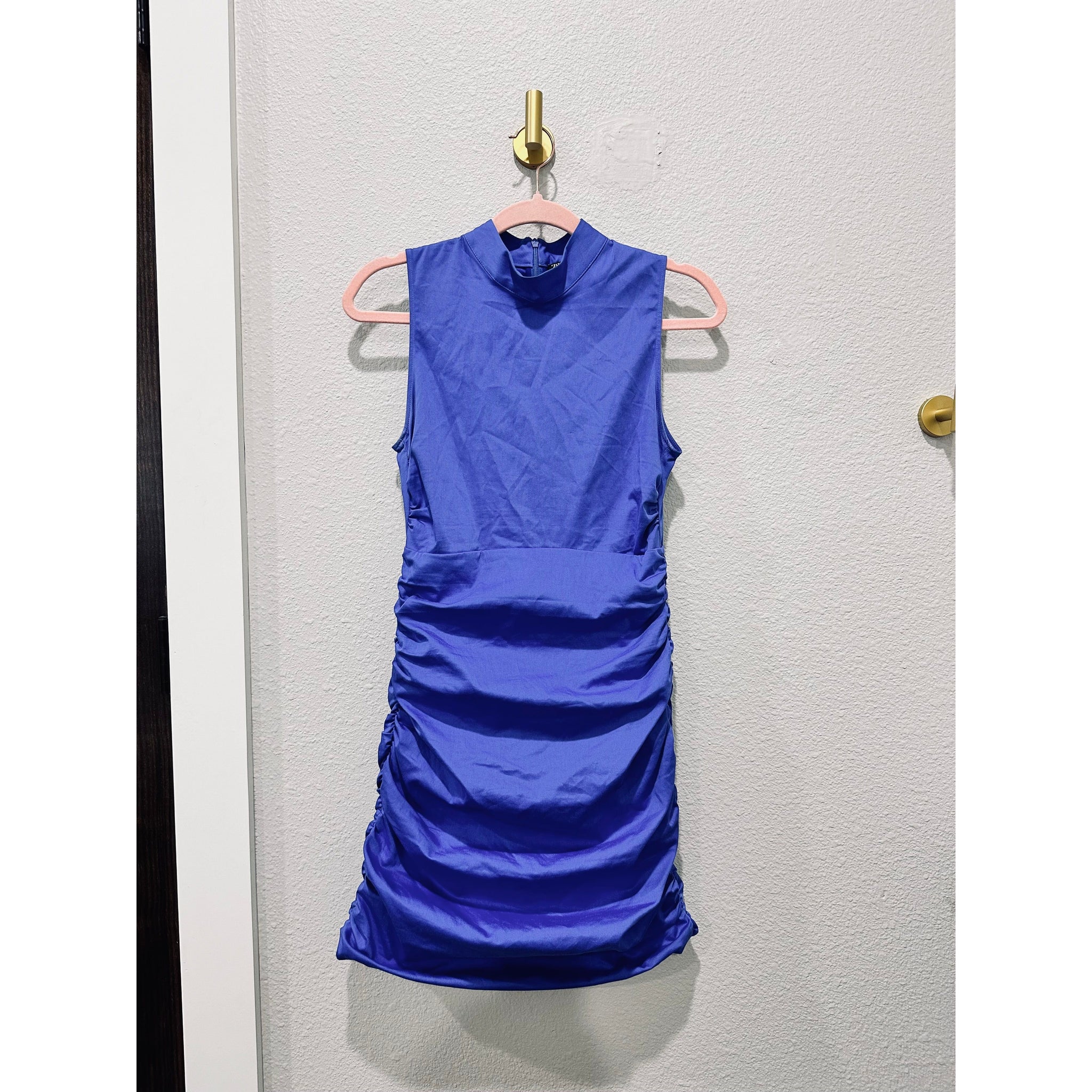 Zara Ruched Front and Back Mock Neck Bodycon Sleeveless Blue Dress The Styled Boutique Zara Ruched Front and Back Mock Neck Bodycon Sleeveless Blue Dress The Styled Boutique