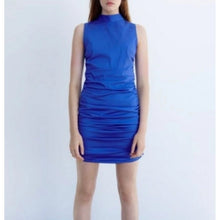 Load image into Gallery viewer, Zara Ruched Front and Back Mock Neck Bodycon Sleeveless Blue Dress