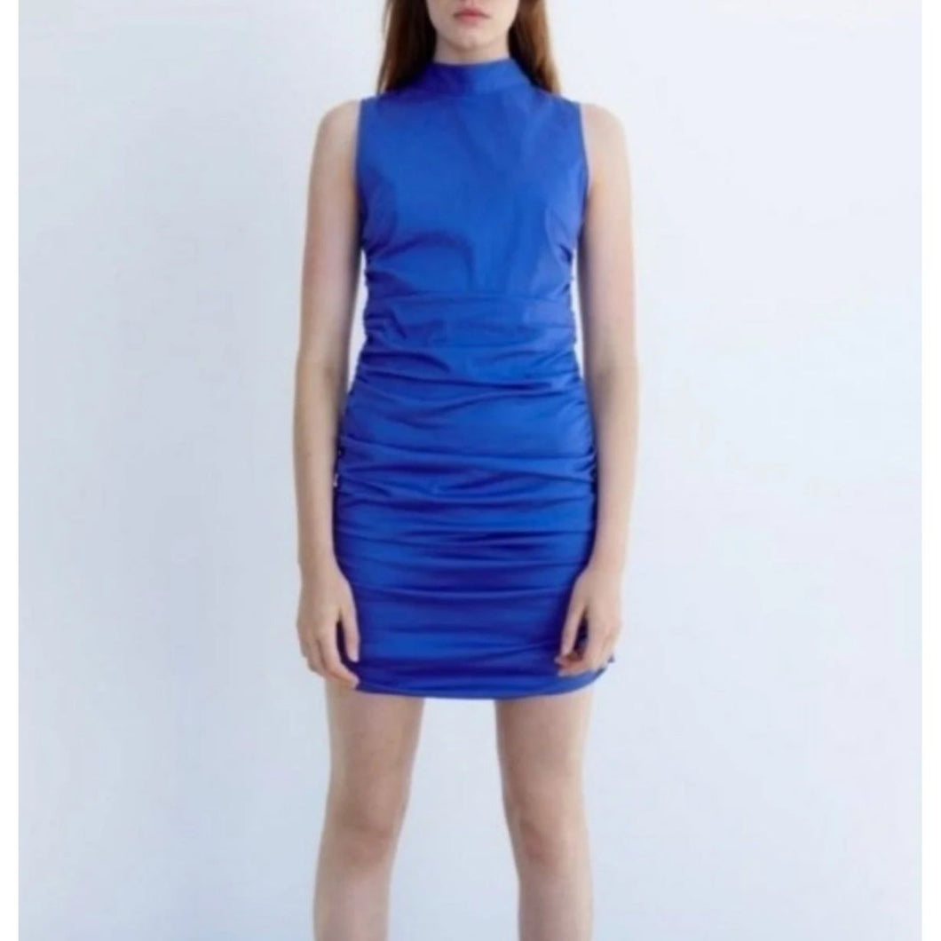 Zara Ruched Front and Back Mock Neck Bodycon Sleeveless Blue Dress