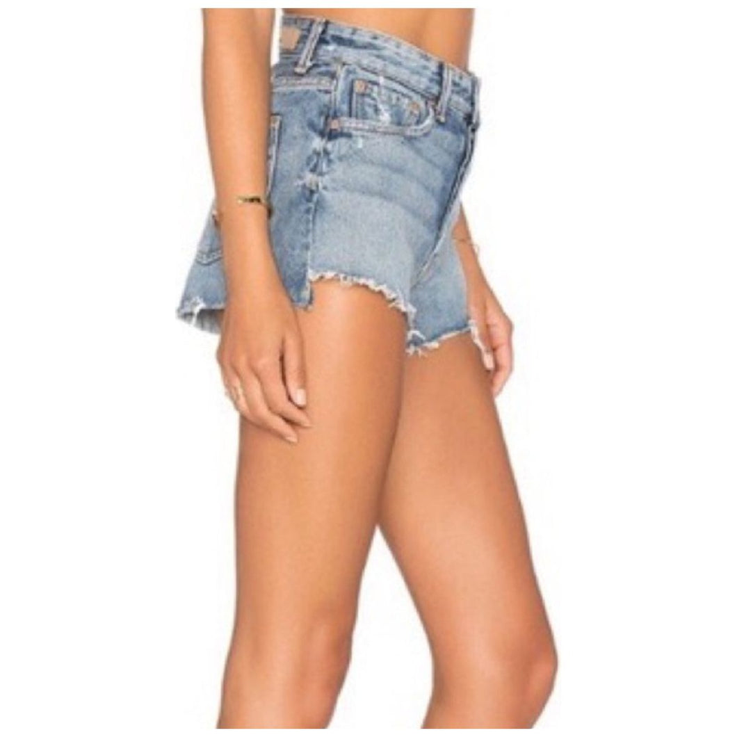 GRLFRND Cindy Distressed High Waist Ligh Wash Denim Shorts