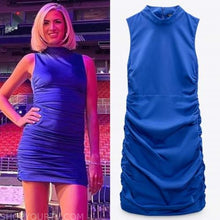 Load image into Gallery viewer, Zara Ruched Front and Back Mock Neck Bodycon Sleeveless Blue Dress