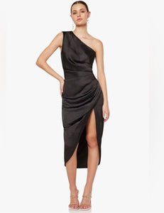 Elliatt Black Satin Cassini One Shoulder Midi Cocktail Dress