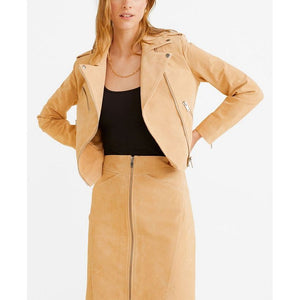 Mango Genuine Leather Moto Biker Khaki Tan Jacket