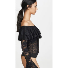 Load image into Gallery viewer, MISA Los Angeles Taylor Lace Black Off the Shoulder Ruffle Bodysuit XS