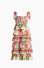 Load image into Gallery viewer, Farm Rio Mixed White Print Layered Tiered Tropical Floral Ruffle Tie Strap Midi Dress