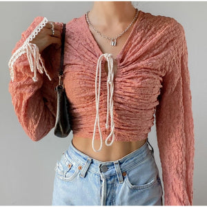 Free People Lilah Dusty Pink Lace Crochet Tie Scrunch Top