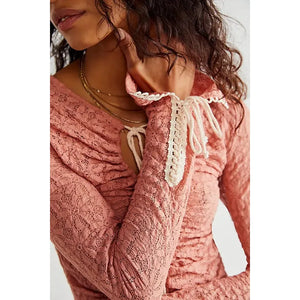 Free People Lilah Dusty Pink Lace Crochet Tie Scrunch Top