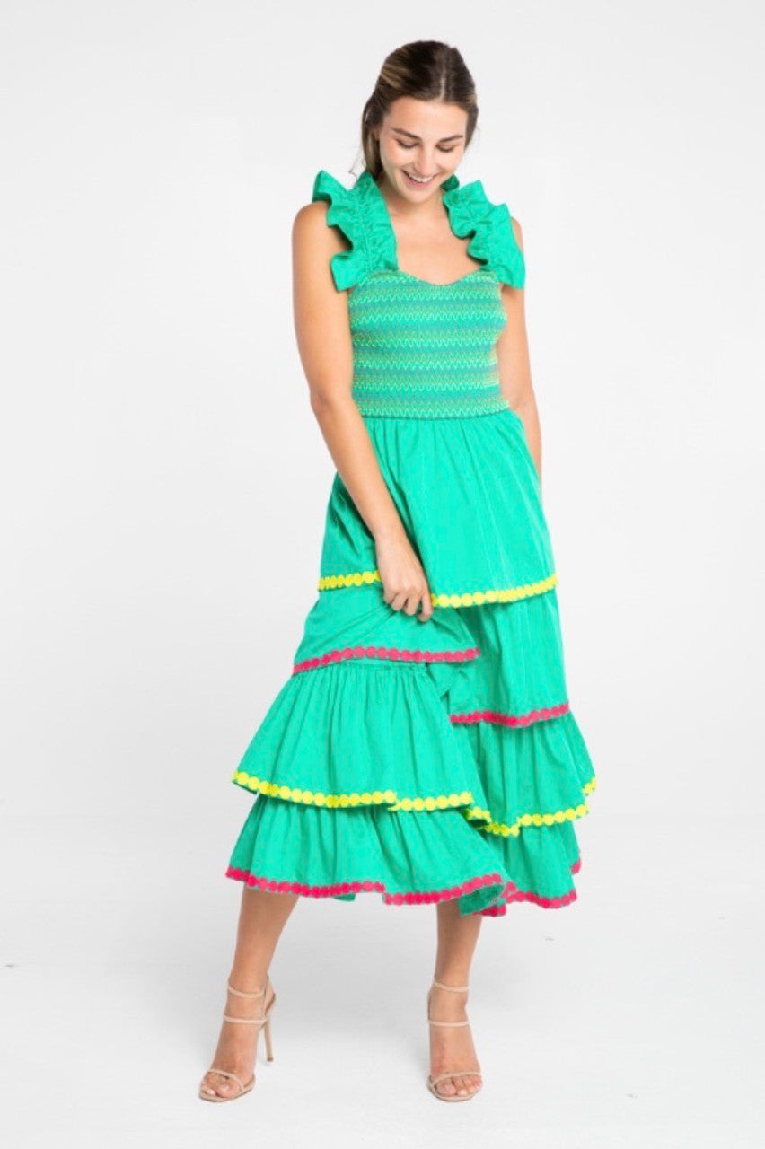 Alden Adair Jade with Lace Frida Ruffle Smocked Midi Dress