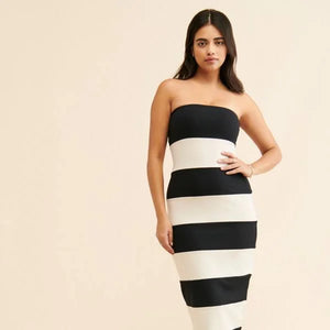 Susana Monaco Striped Black and White Tube Midi Bodycon Dress