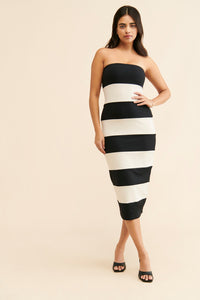 Susana Monaco Striped Black and White Tube Midi Bodycon Dress