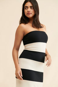 Susana Monaco Striped Black and White Tube Midi Bodycon Dress