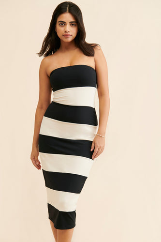 Susana Monaco Striped Black and White Tube Midi Bodycon Dress