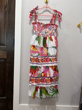 Load image into Gallery viewer, Farm Rio Mixed White Print Layered Tiered Tropical Floral Ruffle Tie Strap Midi Dress