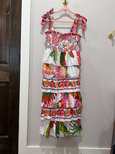 Farm Rio Mixed White Print Layered Tiered Tropical Floral Ruffle Tie Strap Midi Dress