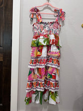 Load image into Gallery viewer, Farm Rio Mixed White Print Layered Tiered Tropical Floral Ruffle Tie Strap Midi Dress