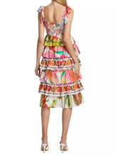 Load image into Gallery viewer, Farm Rio Mixed White Print Layered Tiered Tropical Floral Ruffle Tie Strap Midi Dress