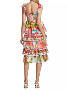 Farm Rio Mixed White Print Layered Tiered Tropical Floral Ruffle Tie Strap Midi Dress