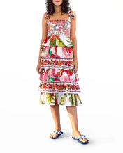 Load image into Gallery viewer, Farm Rio Mixed White Print Layered Tiered Tropical Floral Ruffle Tie Strap Midi Dress