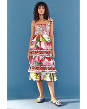 Load image into Gallery viewer, Farm Rio Mixed White Print Layered Tiered Tropical Floral Ruffle Tie Strap Midi Dress