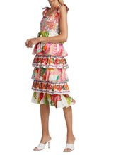 Load image into Gallery viewer, Farm Rio Mixed White Print Layered Tiered Tropical Floral Ruffle Tie Strap Midi Dress