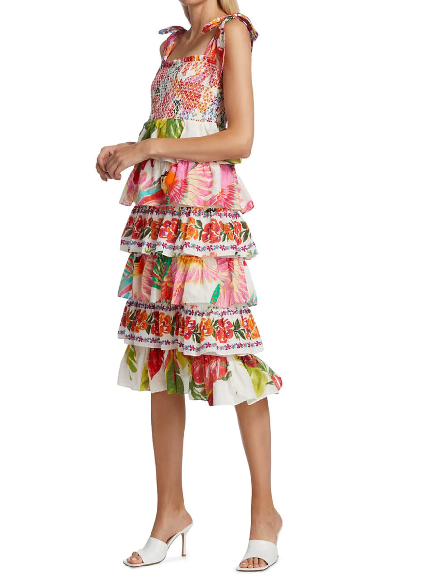 Farm Rio Mixed White Print Layered Tiered Tropical Floral Ruffle Tie Strap Midi Dress