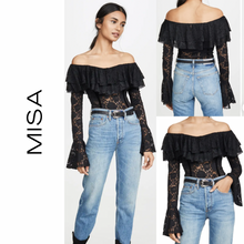 Load image into Gallery viewer, MISA Los Angeles Taylor Lace Black Off the Shoulder Ruffle Bodysuit XS