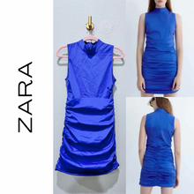 Load image into Gallery viewer, Zara Ruched Front and Back Mock Neck Bodycon Sleeveless Blue Dress